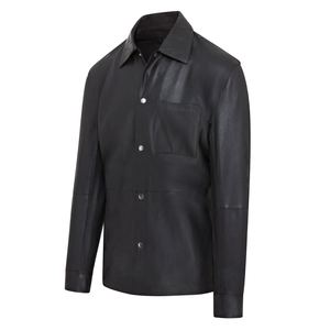 Men's <b>Black</b> PU Leather Shirt <b>Jacket</b> Workwear Style Stand Collar Front Pocket Regular Fit Waterproof Windproof Winter - Product Image 2