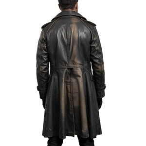 Men’s Vintage <b>Black</b> <b>Leather</b> <b>Trench</b> <b>Coat</b> Gothic Retro Style Long Distressed Real <b>Leather</b> Overcoat - Product Image 2