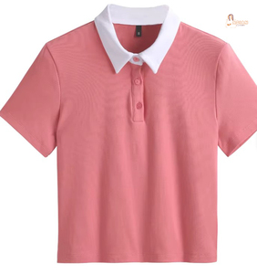 Camiseta Polo de Algodón Nueva de Verano, Cuello Polo de Color Sólido, Manga Corta, Cintura Alta, Estilo Corto, Corte Ajustado, Moda Casual para Mujer - Product Image 1