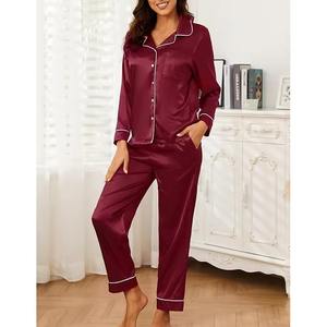 Fournisseur en gros de vêtements de nuit pour femmes personnalisés, respirants, 100% soie, col en V, chemise à manches longues en soie douce, pantalon, couleur saisonnière - Product Image 6