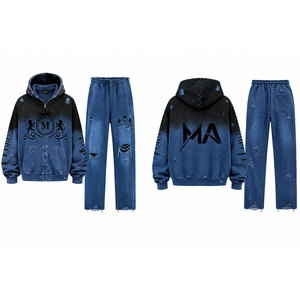 Ensemble de survêtement pour homme, marron dégradé, à capuche, style vintage, avec fermeture éclair, 100% coton, streetwear, 450 g/m², coupe adulte - Product Image 6