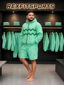 REXFIT SPORTS 2026 Ensemble short et veste coupe-vent à capuche zippée intégrale en nylon vert menthe pour homme avec empiècements ondulés, vêtements de sport personnalisés - Product Image 5