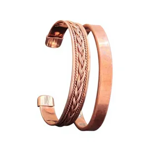 Pure Copper Braided <b>Wire</b> and Plain Cuff Combination Therapy Bracelet Set Handmade Embossed Luxury Fashion Jewelry - Product Image 1