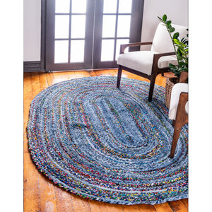 Tapis rond tressé bleu multicolore à motif abstrait, style bohème, fils recyclés, poils moyens, pour salon - Product Image 1