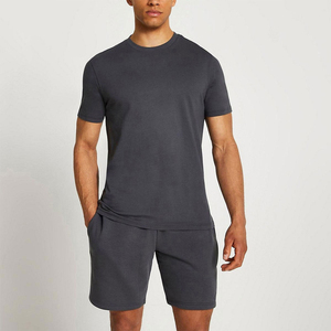 Men's Plus Size Solid V-neck T-Shirt <b>Set</b> Dark Gray <b>Knitted</b> Casual Summer Breathable Short Sleeve Pants 100% Polyester - Product Image 4