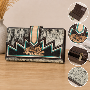Hand <b>Tooled</b> Hair On <b>Leather</b> Flap Wallet for Women | Western Cowhide Long Clutch Purse Boho Card Holder Ladies Wallet Vintage - Product Image 5