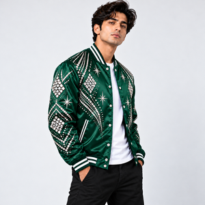 Chaqueta Varsity Casual de Satén con Pedrería, Chaqueta Bomber Brillante a la Moda con Decoraciones de Estrellas de Cristal y Puños Acanalados - Product Image 4