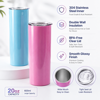 Gobelet isotherme droit et fin en acier inoxydable de 20 oz, coloris arc-en-ciel, avec couvercle, personnalisable avec logo, vente en gros pour cadeaux et articles de boisson