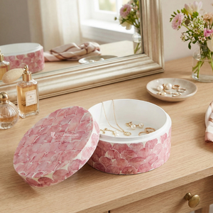 กล่องใส่เครื่องประดับมุกเปลือกหอยสีชมพูพาสเทล ลายเกล็ดปลา ประดับเปลือกหอยแบบโมเสก กล่องเก็บของที่ระลึก สำหรับห้องนั่งเล่น โต๊ะเครื่องแป้ง แบบเดี่ยว - Product Image 4