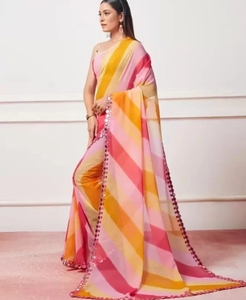 Sari de Rayón Georgette Liso/Sólido de Diseño KV para Fiesta (Multicolor, Sin Arrugas, Reversible) - Product Image 5