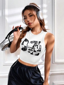 Women's Plus Size <b>White</b> Sleeveless Crop Top with Black Face Print Crew Neck Denim Streetwear Regular Fit Summer Wear Tie-Dye - Product Image 1