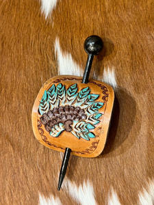 Barrette à cheveux en cuir véritable faite à la main avec motif floral Épingle à cheveux à motifs multiples avec bâton en bois Barrettes à cheveux pour femmes - Product Image 4