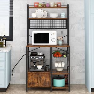 6-Layer Double-Door Cabinet 10 S Hooks Microwave Oven Rack Retro <b>Kitchen</b> <b>Storage</b> 80*40*170cm Particleboard Triamine Paste - Product Image 1