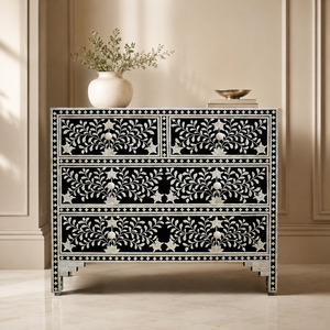 Aparador Decorativo de Madera con Incrustaciones de Hueso, Mesa Auxiliar con Patrón Floral, Mueble para Sala de Estar u Hotel - Product Image 1
