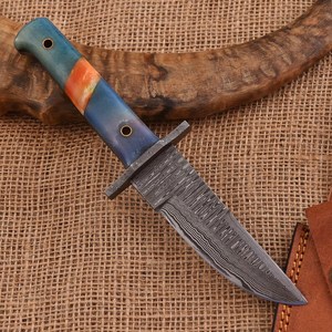 Couteau de chasse artisanal en acier Damas avec manche en résine et clous mosaïques, lame fixe à pointe tombante, couteau de survie EDC - Product Image 3