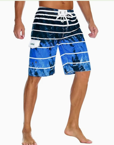 <b>Men</b> s Striped Board Shorts Quick Dry Drawstring Swim <b>Trunks</b> With Pockets Casual Beach Wear Short Length Mid Waist Blue Pattern - Product Image 5