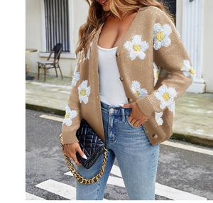 Women's Floral Knit <b>Cardigan</b> V-Neck Full Sleeve Casual <b>Spring</b> Wear 100% Acrylic Anti-Pilling Hand Knitted Single Breasted - Product Image 1