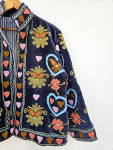 Breathable 100% Velvet Suzani Embroidered Floral Printed Jacket <b>Covered</b> <b>Button</b> Closure Full Sleeve for Women's Spring Autumn - Product Image 5