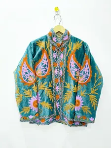 <b>Women</b> Turquoise Embroidered Suzani <b>Jacket</b> With Floral Pattern Full Sleeve Stand Collar Bohemian <b>Women's</b> Winter Outerwear - Product Image 1