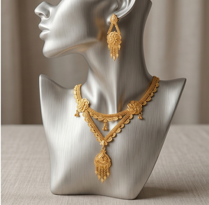 Divyoro Gold Plated Classic Ethnic <b>Statement</b> <b>Necklace</b> Set with Adjustable Length Tassel Earrings for Women Wedding Jewelry - Product Image 2