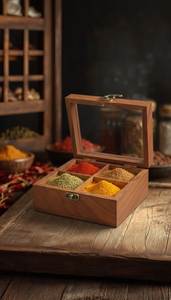 Best Selling Multi Compartmented <b>Wooden</b> Spice <b>Box</b> with Spoon for Kitchen Table Top Storage for Spices Herbs Masala - Product Image 6