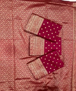 Sari de seda rojo con borde dorado, vestido de boda tradicional indio para mujer, largo hasta el suelo, estilo Banarasi, sari drapeado. - Product Image 6