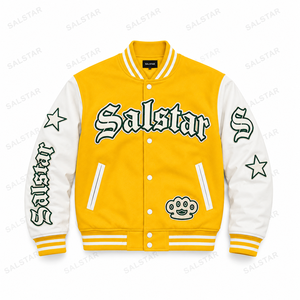 แจ็คเก็ตวาร์ซิตี้สีเหลืองขาวแบบกำหนดเองสำหรับผู้ชาย แจ็คเก็ตเบสบอลแบบ Letterman เสื้อแจ็คเก็ตบอมเบอร์สตรีทแวร์ ผู้ผลิตขายส่ง - Product Image 3