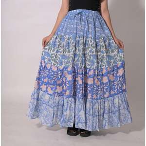 กระโปรงแม็กซี่ทรงเอพิมพ์ลายบล็อกทำมือ ผ้าฝ้าย 100% สไตล์ลำลองสำหรับผู้หญิง กระโปรงฤดูร้อน เป็นมิตรกับสิ่งแวดล้อม ระบายอากาศได้ดี คุณภาพสูง - Product Image 1