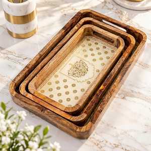 Plateau de service rectangulaire en bois avec poignées, motif nature morte moderne, ensemble multi-pièces, artisanat en bois, décoration de table et de mariage, Moradabad - Product Image 2
