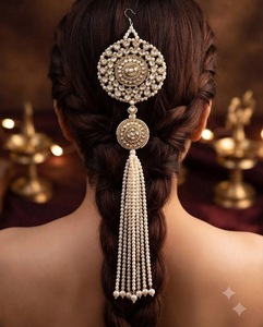 <b>Indian</b> Bridal CZ Stone <b>Hair</b> Braid Ornament Multi Layer Pearl Beaded Choti Patti Tassel Traditional Wedding <b>Hair</b> <b>Accessory</b> Womens - Product Image 5