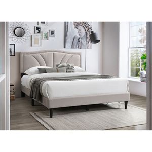 โครงเตียงควีนไซส์สไตล์โมเดิร์นวินเทจ 1 ชิ้น ผ้ากระสอบสีน้ำตาลอ่อน พร้อมตกแต่งขอบด้วยหมุดหัวเหล็ก หัวเตียงหุ้มเบาะ - Product Image 1