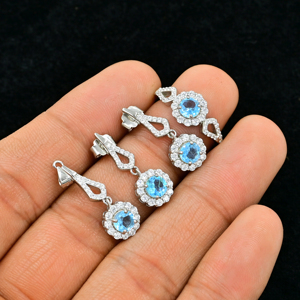 Ensemble collier, bague et boucles d'oreilles en argent sterling 925 avec pierre ronde en topaze bleue suisse, ensemble de bijoux fins et délicats pour femmes - Product Image 3