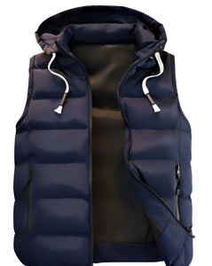 Chaleco Acolchado sin Mangas para Hombre, Color Negro, con Capucha, Cierre de Cremallera, Cortavientos, Informal, para Invierno, Corte Regular, Color Sólido - Product Image 1