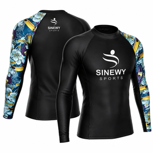 SINEWY SPORTS T-shirt de combat à manches longues pour homme, noir à imprimé floral, en Spandex et Polyester, séchage rapide, style ajusté pour entraînement MMA - Product Image 1