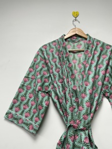 Women's Handmade Cotton Floral V-neck <b>Kimono</b> Robe Long Sleeve <b>Belted</b> Eco-Friendly Breathable Pockets Summer Sleepwear Resort - Product Image 6