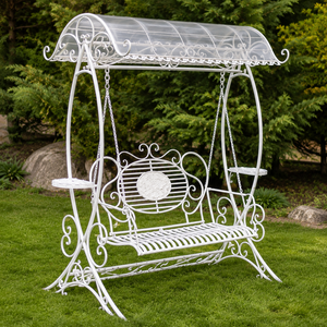 Banc balançoire de jardin en fer forgé blanc avec auvent, Jhula d'extérieur ornée avec étagères latérales pour mobilier de jardin - Product Image 2