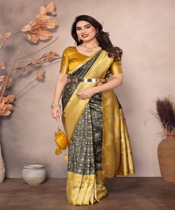 Sari de Seda Dorada con Borde Negro Estampado, Traje Tradicional Indio para Bodas, para Mujer, Largo hasta el Suelo, Corte Regular - Product Image 1