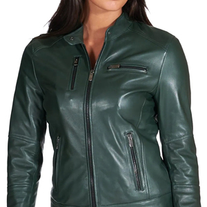 2026 High Quality Women's Green Genuine Leather Moto Jacket Stand Collar Full Sleeve <b>Zipper</b> Closure Windproof Autumn Wear - Product Image 2