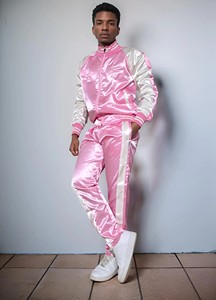 Conjunto Deportivo de Satén Rosa para Hombre, Manga Larga, Color Sólido, Pantalones Deportivos Casuales con Bolsillos Laterales, Corte Regular, Ropa de Primavera - Product Image 5