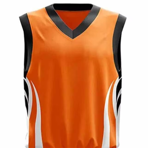 Ensemble de maillots et shorts de basket-ball personnalisés pour équipe, orange et noir, unisexe, avec bordure noire, sans manches, séchage rapide, respirant, 100% polyester - Product Image 4