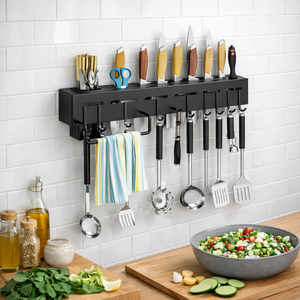 Wall-mounted Storage Organizer <b>Kitchen</b> Knife Spoon Utensils Wall-mounted Holder <b>Rack</b> with Towel Hanger - Product Image 1