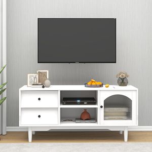 Supporto TV bianco per soggiorno mobile con porte in vetro per la conservazione con cassetti e scaffali aperti - Product Image 1