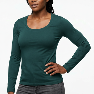 Women's Fall Season Scoop Neck Long Sleeve Top Fitted Cotton <b>Blend</b> Soft Fabric Plain Color OEM Wholesale Pakistan Supplier - Product Image 1