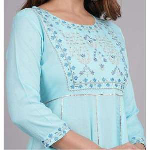 Robe midi décontractée 100 % coton bleu ciel, broderie, col bijou, vêtements ethniques pour femmes, taille naturelle, qualité export - Product Image 5