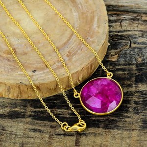 Natural Dyed <b>Ruby</b> Round Shape Charm Gemstone Chain <b>Necklace</b> 18k Gold Micron Over 925 Sterling Silver - Product Image 2