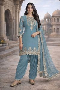 ชุดส่าหรีแบบดั้งเดิมสำหรับผู้หญิง ผ้าจอร์เจตต์เทียม ปักลายฟ็อกซ์ ความยาวระดับเข่า ชุดอินเดีย ชุดปากีสถาน สำหรับงานแต่งงาน - Product Image 4