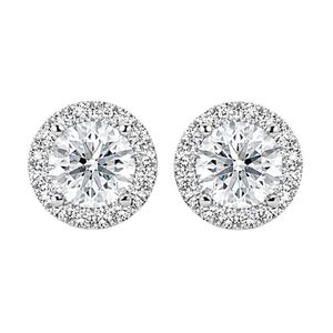 Elegant round halo diamond <b>stud</b> earrings with brilliant center stone surrounded by micro pave diamonds in polished white metal - Product Image 1