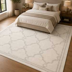 Alfombra marroquí de lana de Nueva Zelanda anudada a mano de primera calidad – Color marfil y gris - Product Image 1