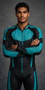 Men Leather Motorcycle Racing Suit <b>Black</b> Teal Color Blocked Full Sleeve <b>One</b> Piece <b>Bodysuit</b> - Product Image 4
