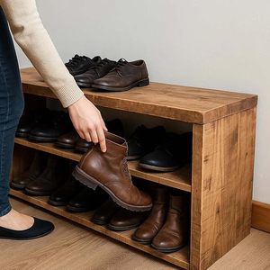 Banco de almacenamiento de zapatos de madera hecho a mano – Organizador de zapatos para recibidor, pasillo y espacios pequeños – 2 niveles - Product Image 3